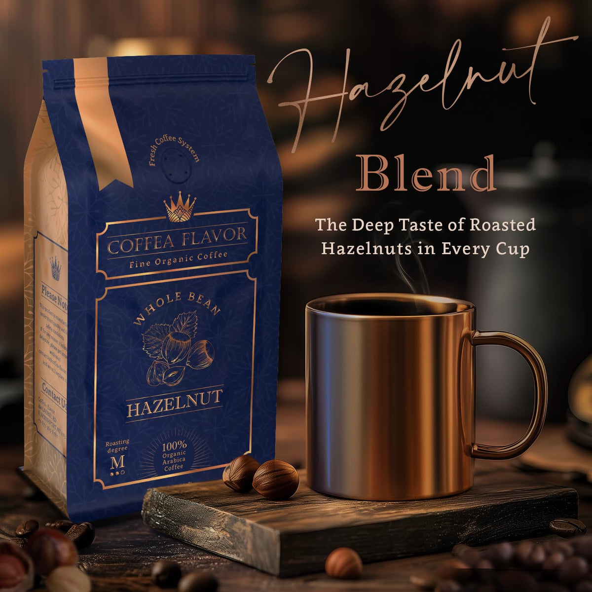 Organic Whole Bean Coffee Medium Roast (16oz) - Hazelnut Flavored | 100% Arabica, Single Origin and Low Acid - USDA Organic and Fair Trade Certified - Naturally Flavored Without Additives