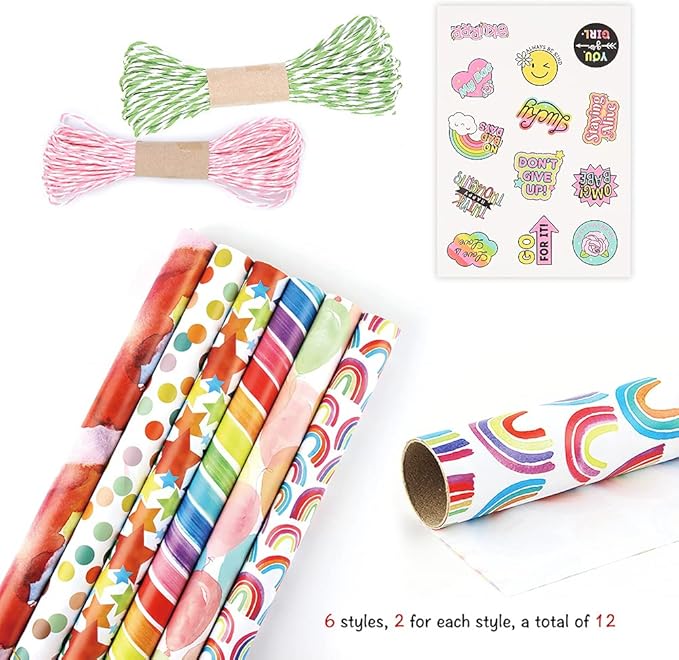Apol Gift Wrapping Paper Birthday,Rainbow Pink Folded Gift Wrap Set 20 x 28 inches per sheet (12 sheets: 47 sq. ft. ttl.) W/String and Sticker for Bridal Baby Shower Wedding Graduation and More
