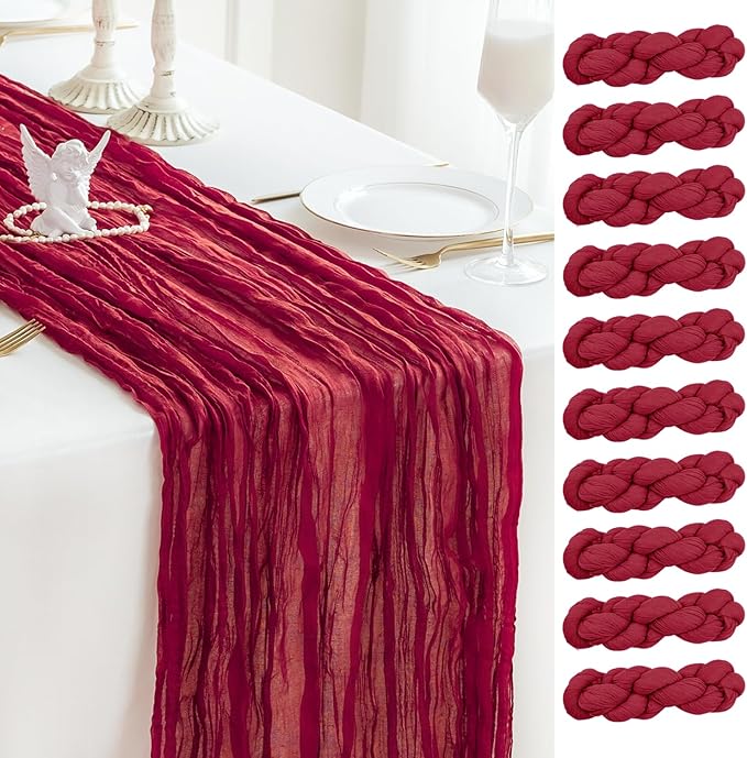 Sioloc Burgundy Red Cheesecloth Table Runner Fall Autumn Decor for Home 10ft Table Cloth for Wedding Birthday Party Bridal Shower Christmas Halloween Thanksgiving