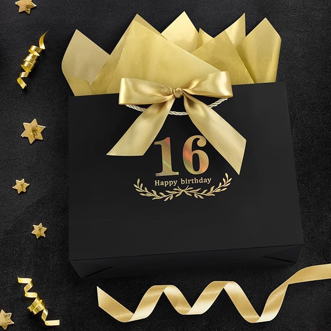JMANNI Black Gold 16th Birthday Gift Bag with Card and Tissue Paper, 12.6"×9.84"×3.9" Elegant Present Bag for Teens, 16 Year Old Birthday Keepsake Party Supplies