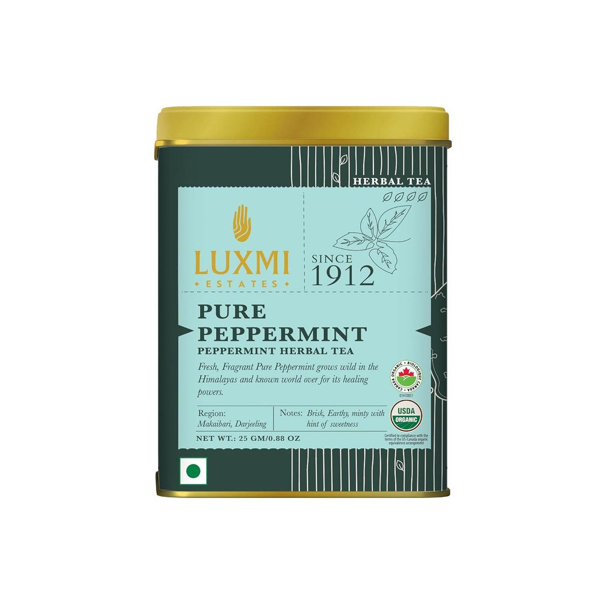 Luxmi Estates Purely Peppermint 25gm Tin, USDA Certified Organic Herbal Tea, Mint Tea Best for Night Time