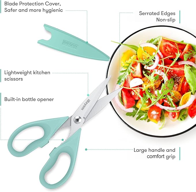 Kitchen Shears, iBayam Kitchen Scissors All Purpose Heavy Duty Meat Poultry Shears, Dishwasher Safe Food Cooking Stainless Steel Utility Scissors, Home Apartment Essentials, 2-Pack, Black, Aqua Sky