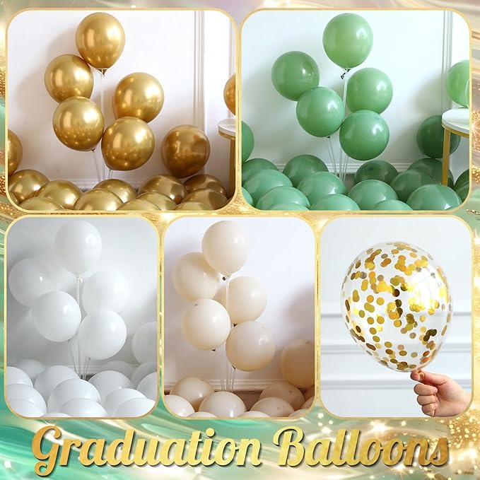 146Pcs Sage Green Gold White Graduation Balloon Garland Arch Kit,with Explosion Star,Diploma,Trophy,Grad Hat,Photo Frame Foil Balloon for Congrats Class of 2026 Graduates Celebration Party Decoration