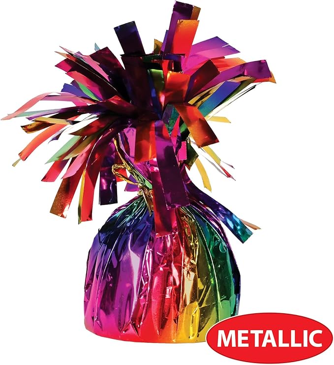 Beistle 12 Count Rainbow Metallic Plastic Wrapped Balloon Weights for Birthday Parties, Colorful Celebrations and Pride Events, Table Decorations for Any Theme, 6 Oz