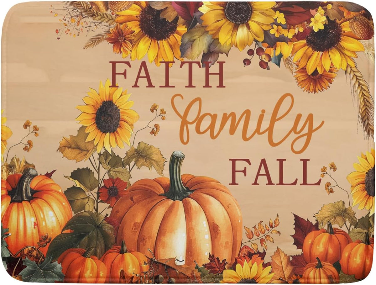 Faith FamilyFall Dish Drying Mat 16X18 Inch Thanksgiving Mats for Kitchen Counter Thanksgiving Autumn Harvest Pumpkin Dish Drying Mat Microfiber Dish Drying Pad Dish Rack Drainer Mat for Coffee Bar
