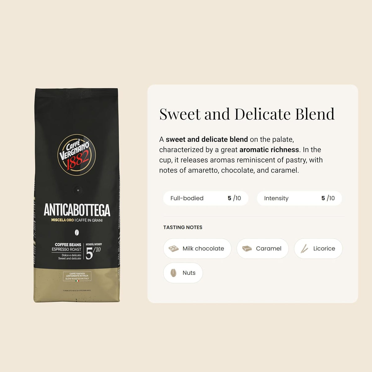 Caffe Vergnano Antica Bottega Whole Bean Coffee, Coffee Beans, 1.1 lb