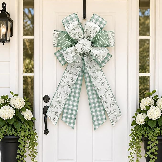 Sage Green Wired Ribbon Set, 4 Rolls 2.5 Inch Decorative Ribbon with Floral Gingham Polka Dot Leaf Designs for Wreaths, Bows, Gift Wrapping, Wedding Crafts