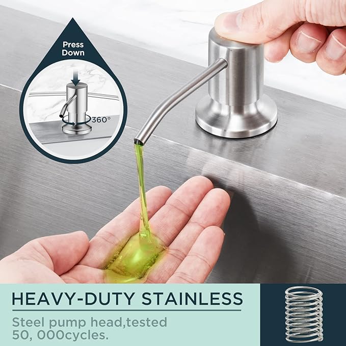 FORIOUS Brushed Nickel Soap Dispenser for Kitchen Sink with 500ML/18OZ Bottle, Lotion Dispenser Built in Refill from The Top for Countertop Sink
