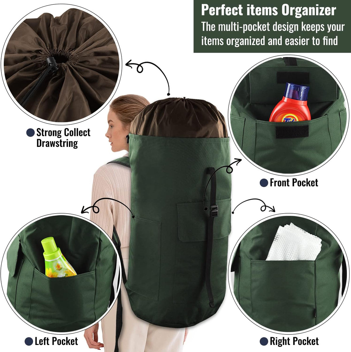 Laundry Bag Backpack, 125L Extra Large Travel Laundry Bags with Shoulder Straps, Adjustable & Extendable Design, Laundry Hamper Bag with 3 Pockets for Laundromat, College, Travel