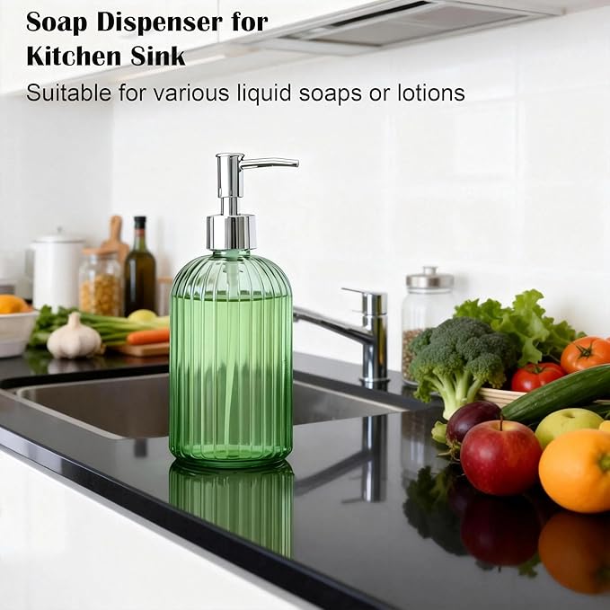 Green Glass Soap Dispenser: 400ml 13.5Oz Refillable Hand Soap Dispenser with Pump for Kitchen Bathroom Shower, Decorative Modern Liquid Soap Dispenser for Dish, Hand Soap, Body Wash, Lotion