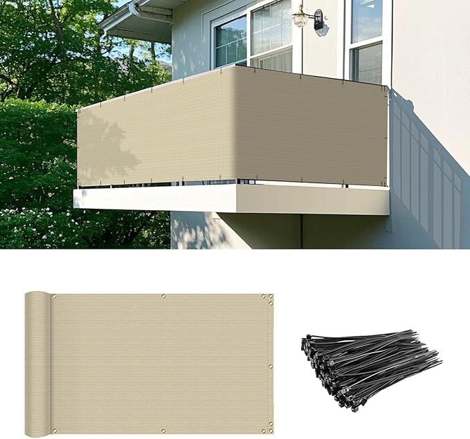 2.5' x 200' Balcony Privacy Screen Fence Cover with Zip Ties Grommets for Apartment Patio Porch Deck Backyard Outdoor (Beige)