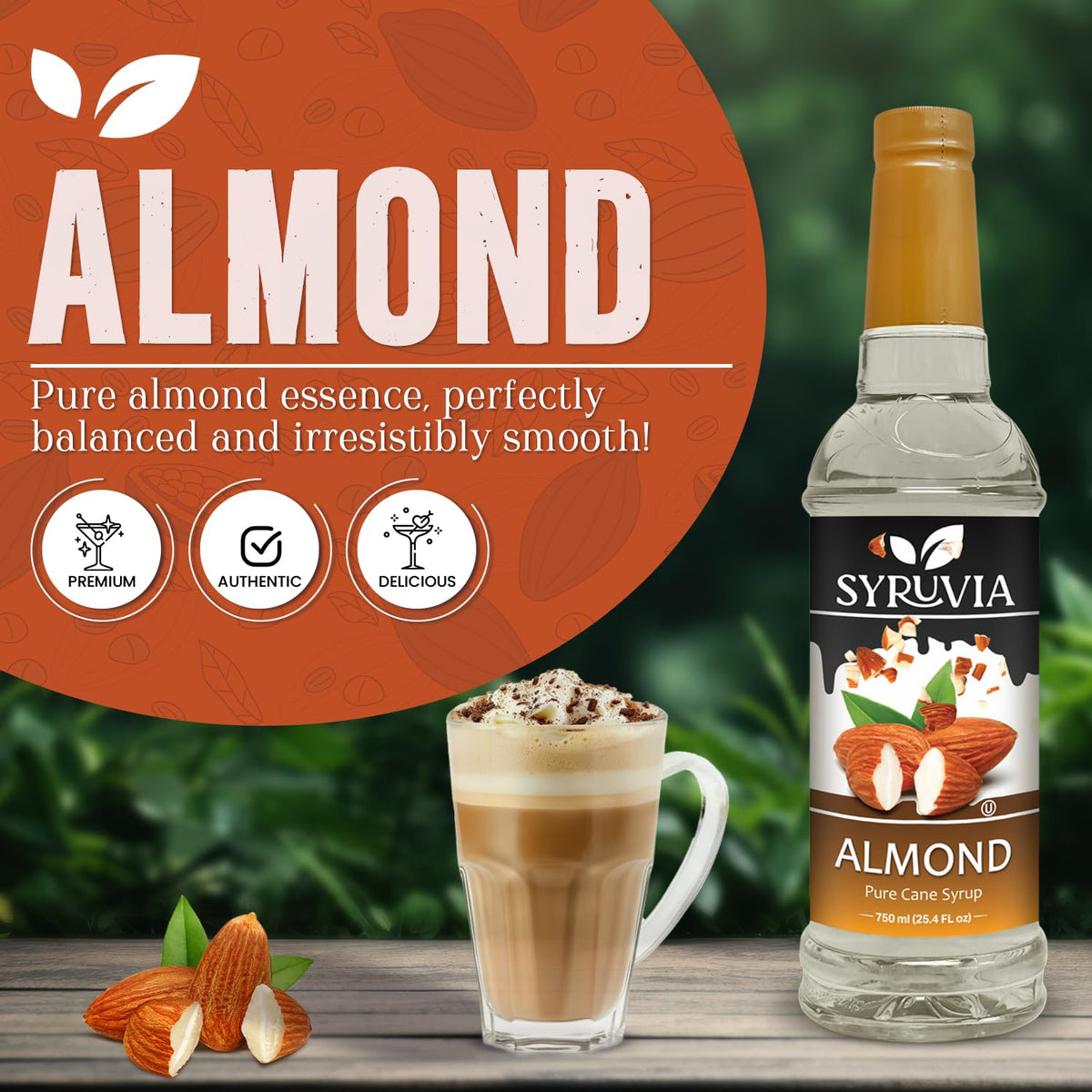 Syruvia Almond Coffee Syrup - 25.4 fl oz - Kosher Syrups, Gluten Free, No Coloring, Perfect for Drinks, Soda, Shakes, Desserts, and More.