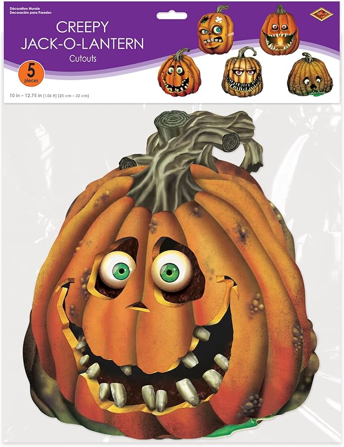 Beistle 5 Piece Paper Creepy Jack-O-Lantern Cut Outs, Halloween Party Decorations, Fall Décor, Made In USA Since 1900