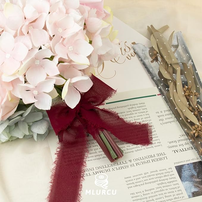 Burgundy Chiffon Ribbon - 1-1/2 Inch x 21 Yards Handmade Fringe Silk Ribbon for Boho Wedding, Gift Wrapping & Flower Bouquets