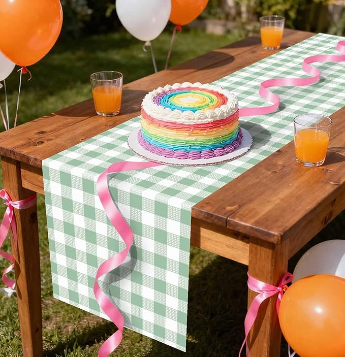 6 Pcs Sage Green and White Checkered Table Runner Plastic 14 x 108 Disposable Sage Green Gingham Table Runner for Birthday Wedding Baby Shower Party Table Centerpiece Decorations