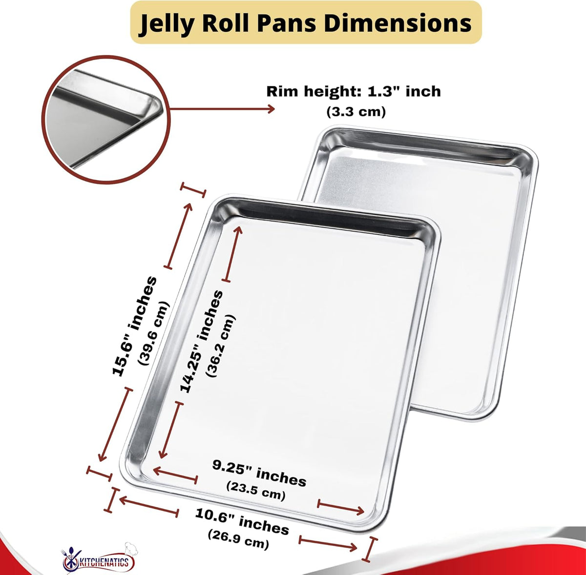 Kitchenatics Jelly Roll Size Baking Sheet Pans, Premium Quality Aluminum Cookie Sheets for Roasting & Baking, Rimmed Nonstick Sheet Pans - Warp Free