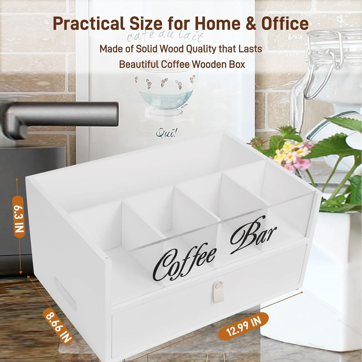 2-Tier Coffee Bar Organizer with Clear Acrylic Top, Built-in Drawer and Leather Handle Pull for Countertop