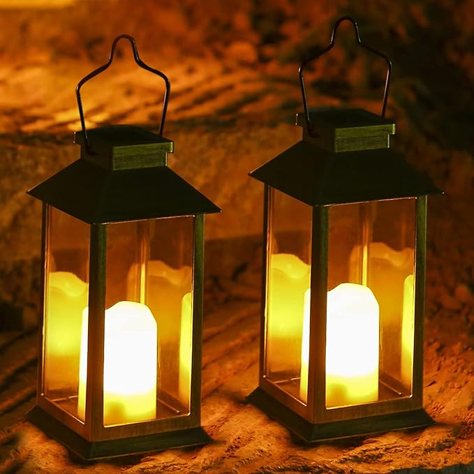 Tomshine 2 Pack Solar Lanterns, Outdoor Garden Hanging Lanterns, 11.8 Inch LED Flickering Flameless Candle Mission Lights for Yard, Table, Patio (Black)