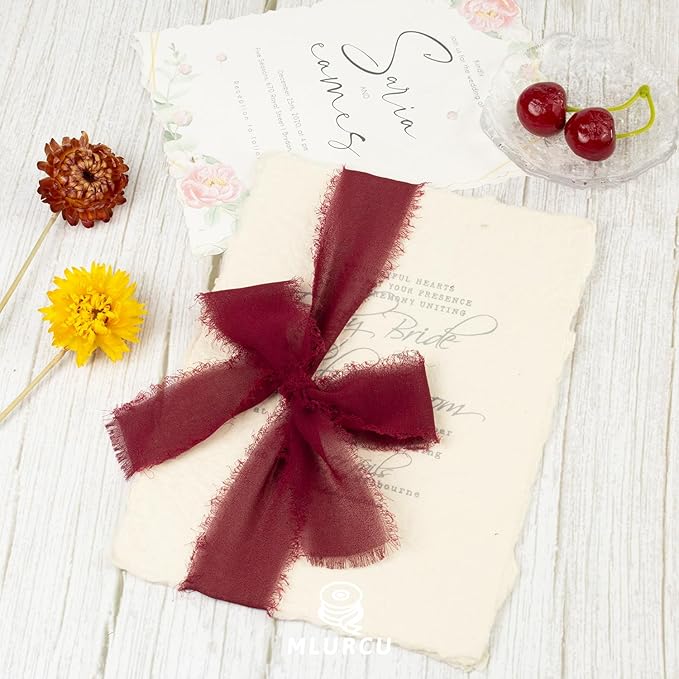 Burgundy Chiffon Ribbon - 1-1/2 Inch x 21 Yards Handmade Fringe Silk Ribbon for Boho Wedding, Gift Wrapping & Flower Bouquets