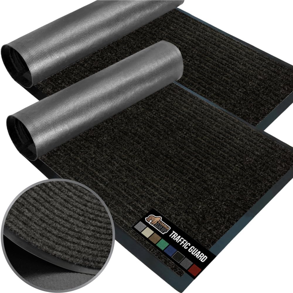 GORILLA GRIP Traffic Guard Door Mat, 2 Pack, Heavy Duty Waterproof Doormat, Commercial Office Space Welcome Mats, Stain and Fade Resistant, Low Profile, Strong Rubber Backing, 35x23, Jet Black