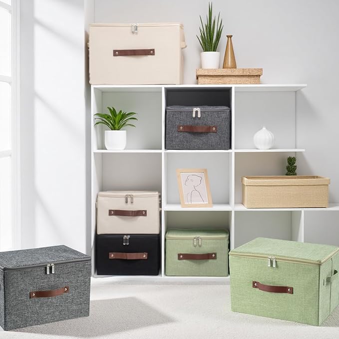 3 Pack Storage Bins with Zipper Lid Fabric Lidded Storage Boxes Baskets Cubes Washable Collapsible PU Leather Handle Cotton Linen Fabric Shelf Closet Organizer Container(Green, Small Size)
