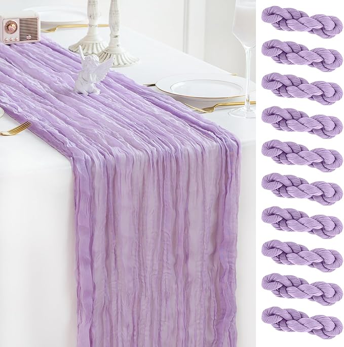 Sioloc 10 Pack Lilac Purple Lavender Cheesecloth Table Runner 120'' x 35'',Spring Easter Decor Soft Gauze Boho Wedding Table Decor for 10ft Table Birthday Party,Baby Shower, Bridal Shower
