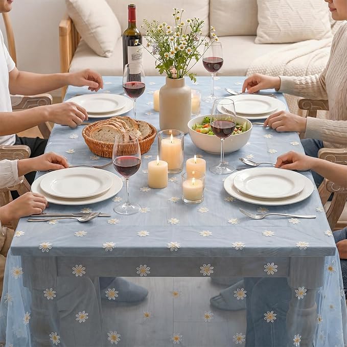 Horaldaily Blue Embroidery Daisy Spring Summer Gauze Tablecloth 60×104 Inch Rectangular, Seasonal Tulle Table Cover, Garden Party Decorations for Wedding, Party, Holiday Dining