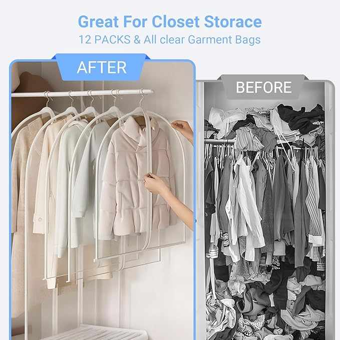 All Clear Garment Bags for Hanging Clothes, 55" (Set of 6) Dress Bags for Gowns Long, Plastic Dustproof Dress Garment Bag, Long Dress Bag with Zipper for gown, winter long coats, dance costume