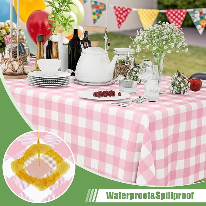 Smiry 6 Pack Pink Gingham Disposable Tablecloths - 54" x 108" Heavy Duty Plastic Table Cloth, Waterproof Buffalo Plaid Table Covers for Picnic, Banquets, Outdoor Parties