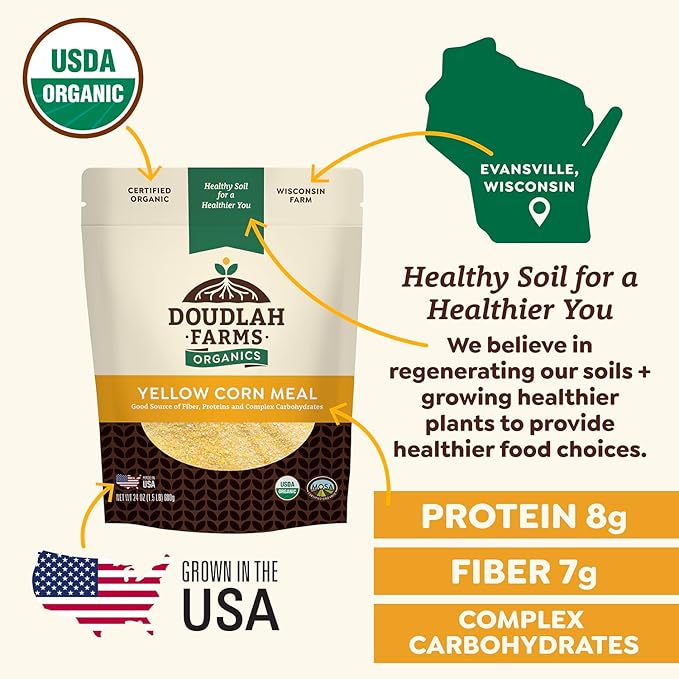 Organic Yellow Cornmeal 1.5 lb Fine Grind - Non-GMO, Gluten-Free, Sugar-Free, Farmed From Regenerative Soil, Vegan, Grown In USA