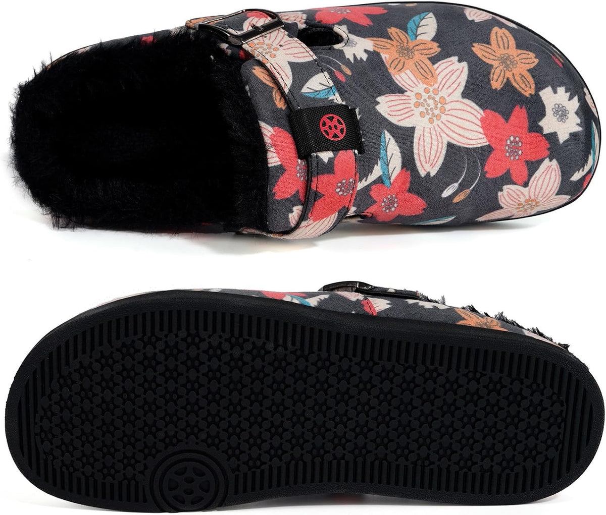 Fur Lined Clogs for Women Men Suede Winter Slippers Arch Support Slip on Mules Potato Shoes with Removable Cushion Footbed Warm Home House Shoes