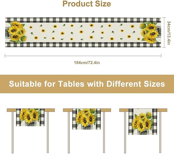 Morden Sunflower Table Runner,White Black Buffalo Plaid Watercolor Summer Flower Plants Leaves Print Table Runner for Kitchen Dining Table Holiday Home Party Decor 13x120in