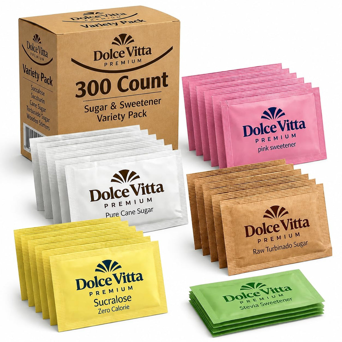 Dolce Vitta Sugar Packets &amp; Sweetener Variety Pack, 300 Count | Individual sugar &amp; sweetener packets in 5 types: Stevia, Sucralose, Saccharin, pure cane &amp; turbinado sugar for coffee or tea