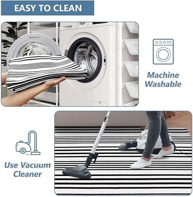 OJIA Outdoor Area Rug 4'x6', Black and White Outdoor Rug Machine Washable Patio Rugs Cotton Hand Woven Door Mats Indoor Outdoor Striped Rugs for Front Porch/Deck/Backyard/Balcony/Home Decor