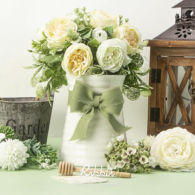 Ribbli 3 Rolls Green Ribbon 1 Inch x 18 Yards Ivory Sage Moss Handmade Cotton Frayed Fringe Ribbons for Gift Wrapping Wedding Invites Bridal Bouquets Baby Shower DIY Crafts Home Decor