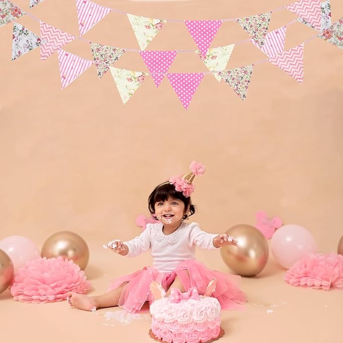 Zwiebeco 32Ft Pink Floral Fabric Bunting Triangle Flags Cotton Flower Pennant Banner Decoration for Birthday Wedding Engagement Baby Shower Tea Party Spring Rustic Village Home Garden Décor