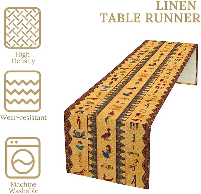 Egyptian Table Runner, Colorful Ancient Egyptian Hieroglyphs Floral Geometric Table Runner for Kitchen Family Dining Holiday Party Farmhouse 13x70in