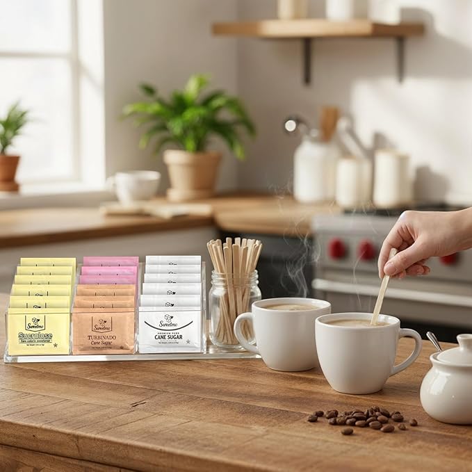 Sweetmo Sugar Packets Variety Pack - Sucralose, Raw Sugar, Saccharin, Cane Sugar with Wooden Stirrers - 400 Count for Coffee, Tea, Office Breakrooms