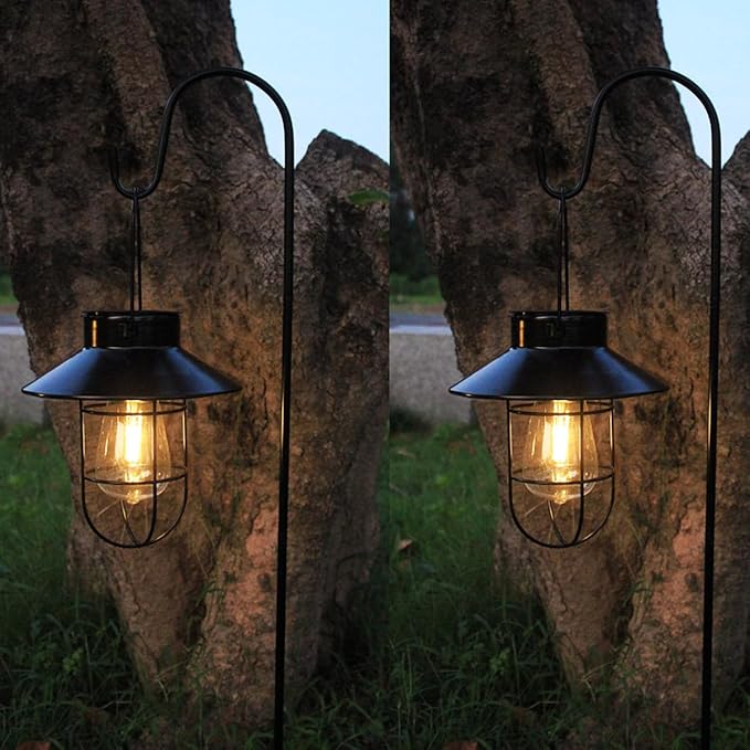 Solar Lantern 2pack Outdoor Hanging Light- Waterproof Vintage Metal Light with Shepherd Hook Decorative for Patio, Backyard, Porch, Yard (Black)