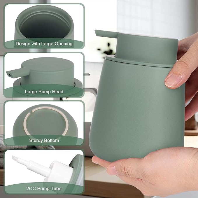 INGOFIN Ceramic Foaming Soap Dispenser - 12oz Foam Hand Soap Dispenser Bathroom, Modern Dish Soap Bottle with Pump for Kitchen, Matte Green