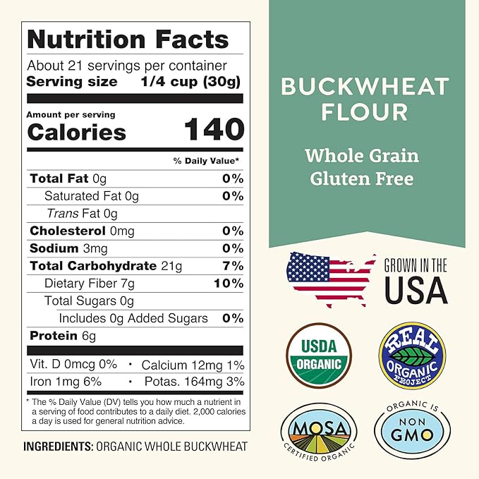 Organic Buckwheat Flour 1.5 lb - Non-GMO, USDA Organic, Gluten Free, Vegan - For Baking Bread, Pancakes, and More! Grown In USA