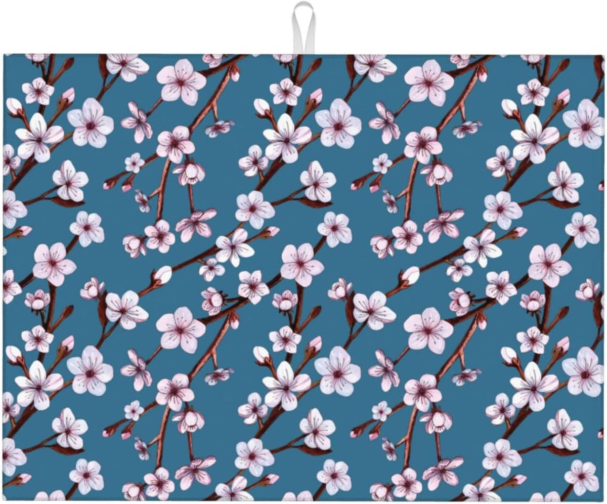 Cherry Blossom Dish Drying Mat, Branch Floral Microfiber Absorbent Drying Mats Reversible Kitchen Countertop Protector Dishes Drainer Rack Pad 18x24