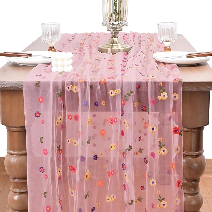 Joanlody Blushing Pink Embroidery Daisy Mother's Day Table Runner Florals Seasonal Easter Tulle Table Runner Holiday Kitchen Dining Table Decoration for Home Party Indoor
