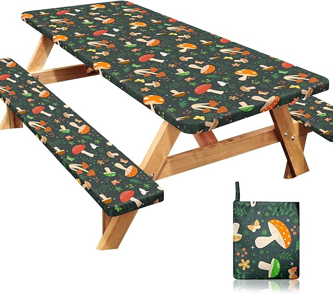 Picnic Table Cover with Bench Covers Windproof Waterproof Picnic Table Covers Camping Tablecloth with Self-Storage Bag, 72in, Black Red