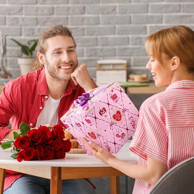 WERNNSAI Valentines Wrapping Paper Roll - 1 Roll 17’’ x 33ft Valentines Day Wrapping Paper Pink Red Heart Gift Packing Decorations for Men Women with Cutting Line Bridal Shower Wedding Supplies