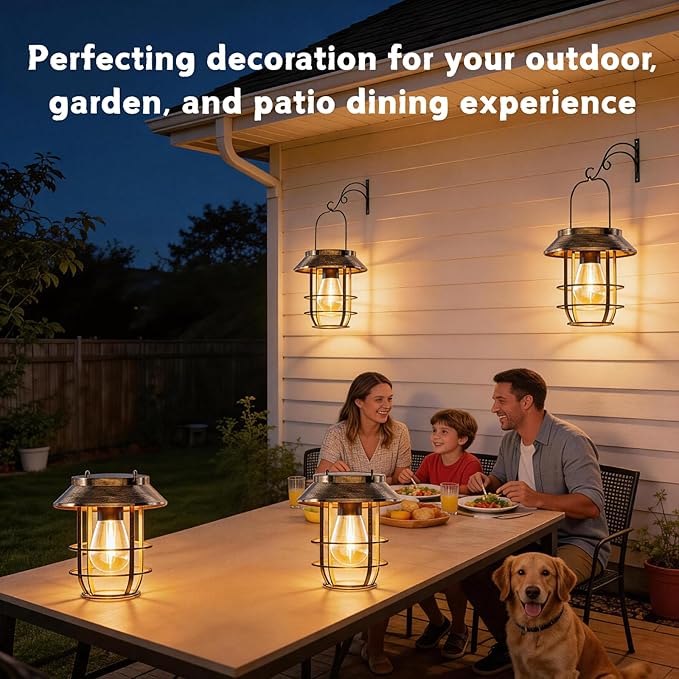 Ahaorigin Solar Lanterns Outdoor Waterproof, High Brightness Hanging Solar Lights for Outside with Wall Hooks, Retro Metal Outdoor Lanterns Auto On/Off for Porch, Patio, Yard Decor 2 Pack