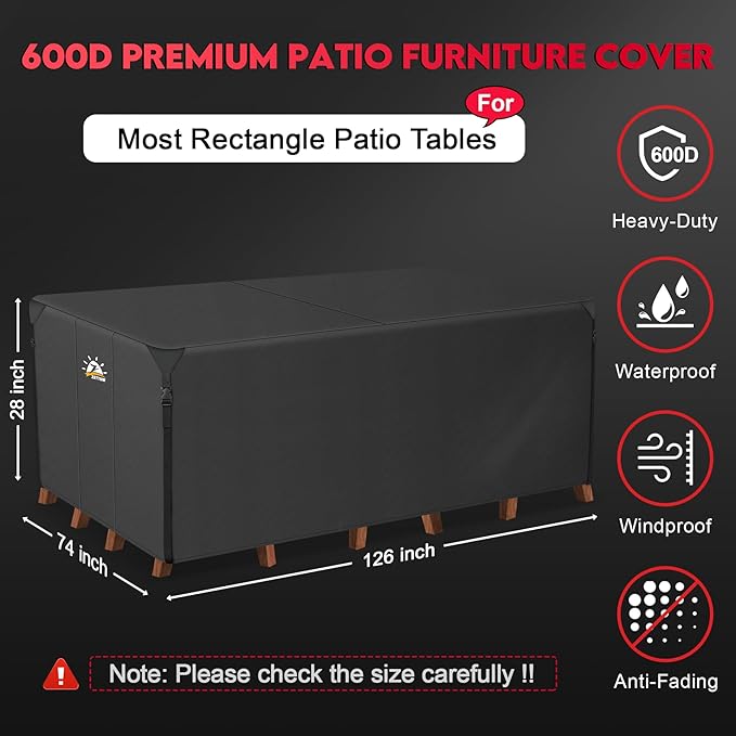 Zettum Patio Furniture Cover Rectangle - 600D Outdoor Table Cover Waterproof & Heavy Duty, Large Lawn Furniture Sofa Set Covers for Outside Dining Table and Chairs Seating Combo - 126 x 74 x 28 Inch