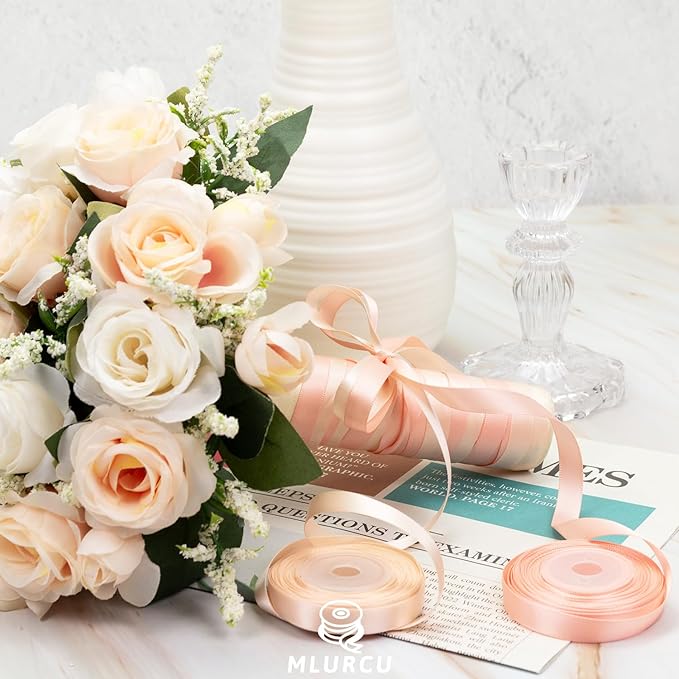 Pink Ribbon 3/8 Inch x 60Yds Assorted Thin Double Faced Satin, Dusty Rose, Rose Gold, Peach, Vanilla, Pink Ribbon for Flower Bouquet Gift Wrapping Wedding Invitation Bridal Shower Hair Bows Crafts
