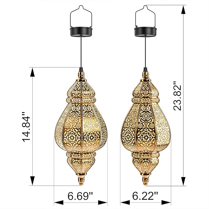 Hapjoy Moroccan Hanging Solar Lights Outdoor Lantern Bidirectional Availabili Garden Decor Waterproof Plastic Gold Decorations for Patio Pathway Yard Backyard Solar Powered Garden Decorative (1, gold)