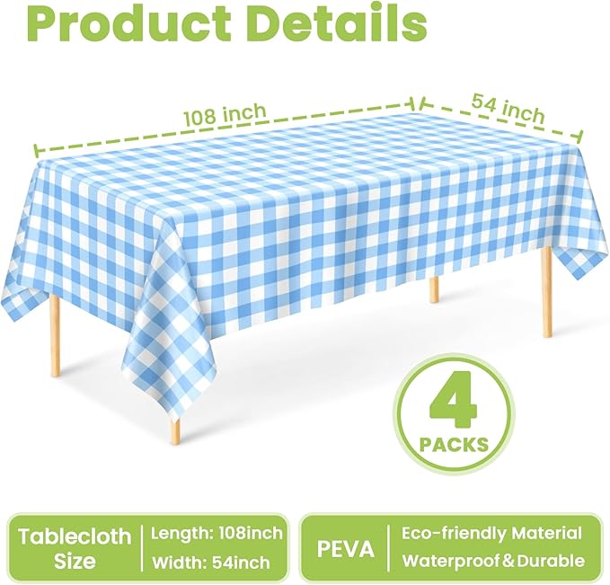 Mulbozy 4 Pcs Light Blue Checkered Tablecloth 54 ×108 Inches Rectangle Blue Gingham Tablecloth Disposable Plastic Waterproof Table Cover for Outdoor Picnic, Kitchen, Holiday Birthday Party